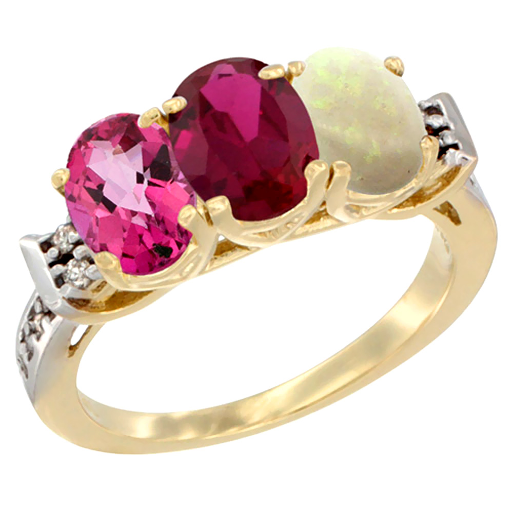 10K Yellow Gold Natural Pink Topaz, Enhanced Ruby & Natural Opal Ring 3-Stone Oval 7x5 mm Diamond Accent, sizes 5 - 10