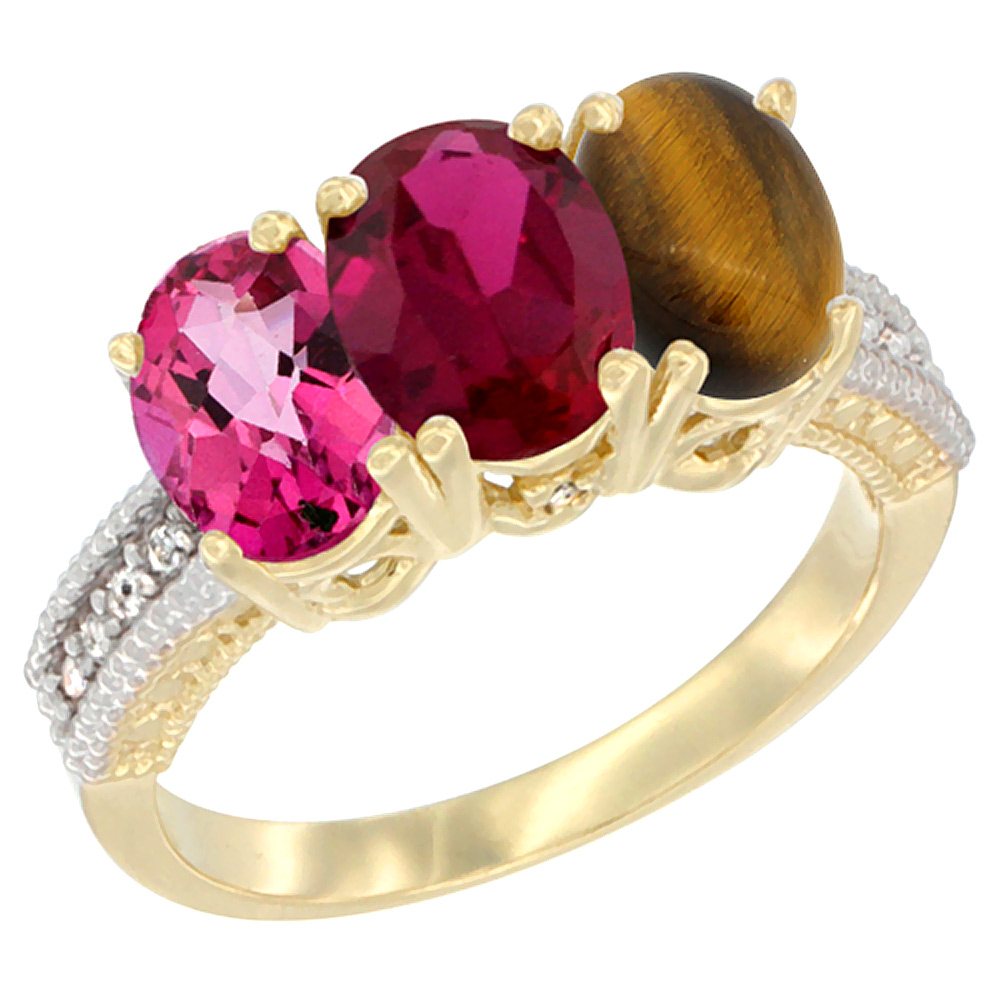 10K Yellow Gold Diamond Natural Pink Topaz, Enhanced Ruby &amp; Tiger Eye Ring 3-Stone 7x5 mm Oval, sizes 5 - 10