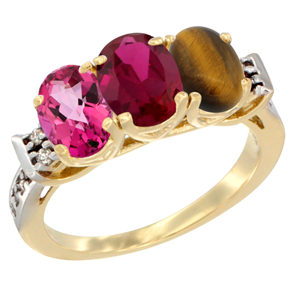 10K Yellow Gold Natural Pink Topaz, Enhanced Ruby & Natural Tiger Eye Ring 3-Stone Oval 7x5 mm Diamond Accent, sizes 5 - 10