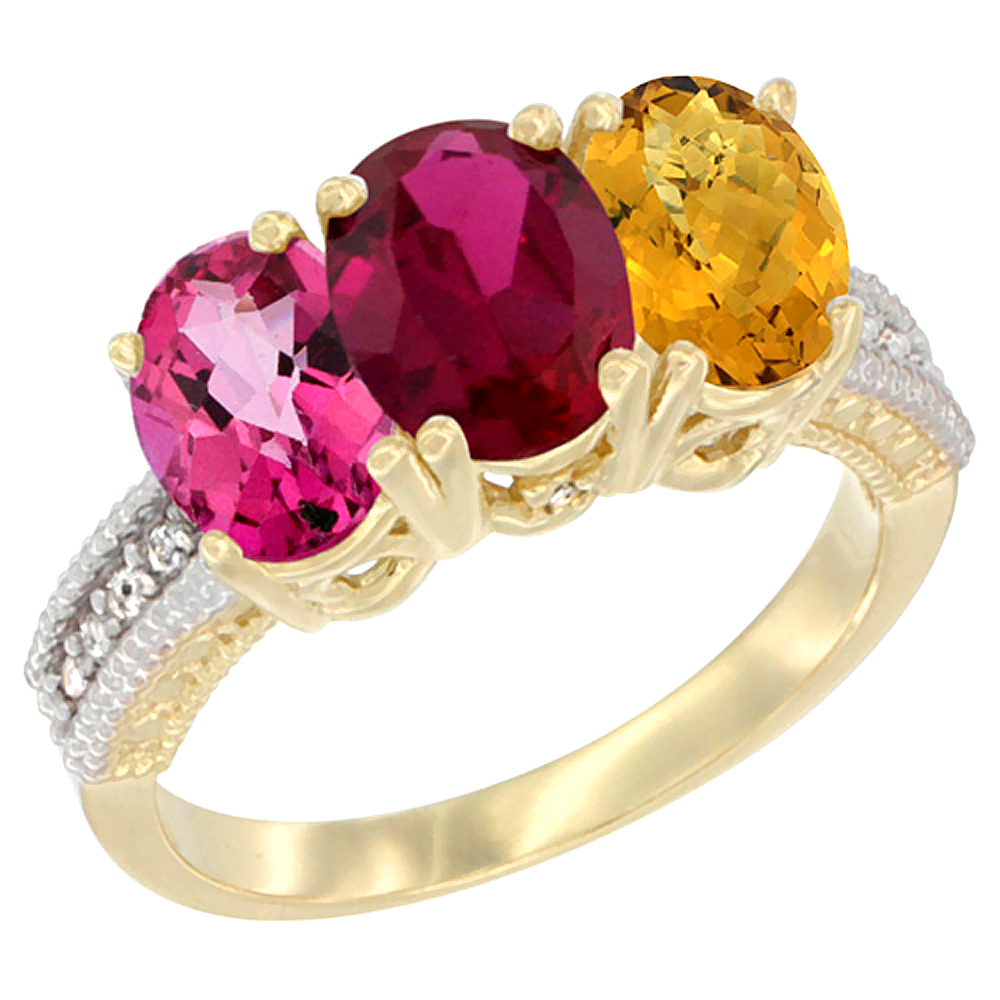 10K Yellow Gold Diamond Natural Pink Topaz, Enhanced Ruby &amp; Whisky Quartz Ring 3-Stone 7x5 mm Oval, sizes 5 - 10