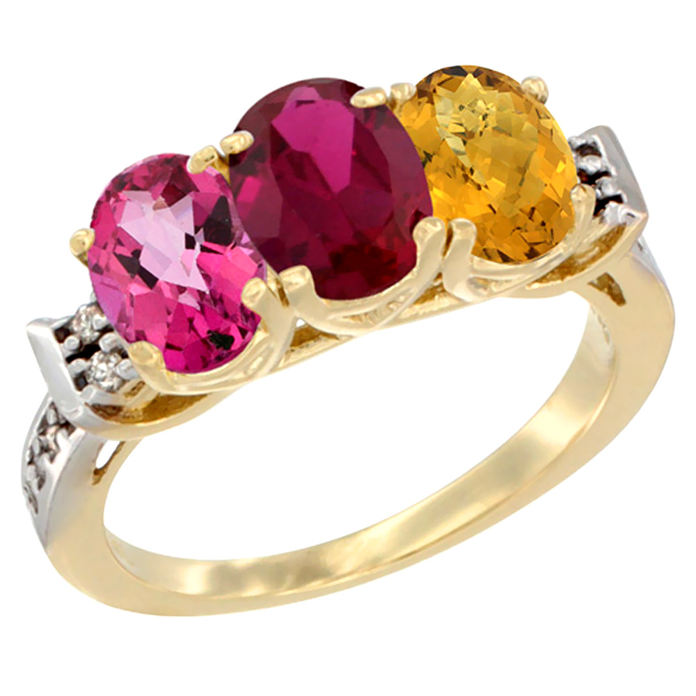 14K Yellow Gold Natural Pink Topaz, Enhanced Ruby &amp; Natural Whisky Quartz Ring 3-Stone Oval 7x5 mm Diamond Accent, sizes 5 - 10