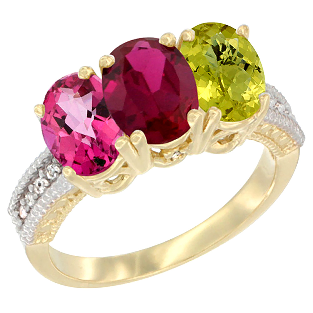 10K Yellow Gold Diamond Natural Pink Topaz, Enhanced Ruby & Lemon Quartz Ring 3-Stone 7x5 mm Oval, sizes 5 - 10