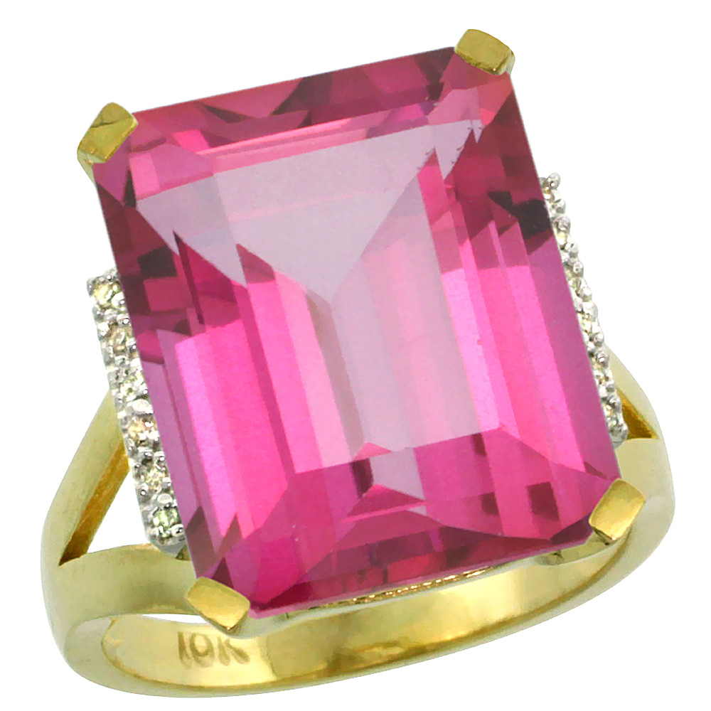 14K Yellow Gold Diamond Natural Pink Topaz Ring Emerald-cut 16x12mm, sizes 5-10