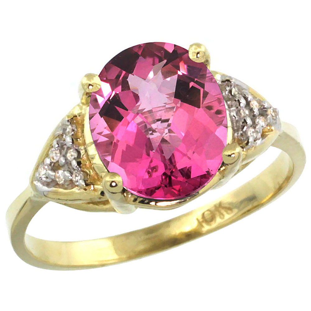 14k Yellow Gold Diamond Natural Pink Topaz Engagement Ring Oval 10x8mm, sizes 5-10