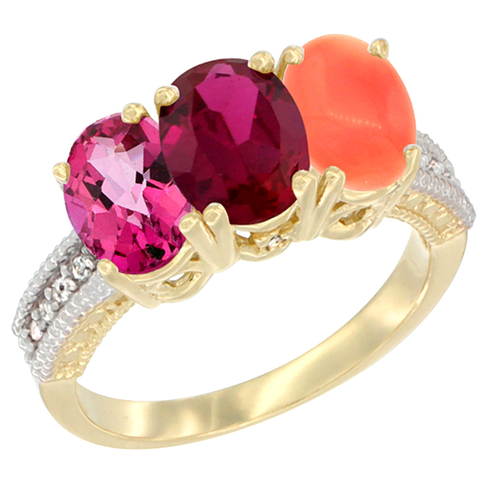 10K Yellow Gold Diamond Natural Pink Topaz, Enhanced Ruby & Coral Ring 3-Stone 7x5 mm Oval, sizes 5 - 10