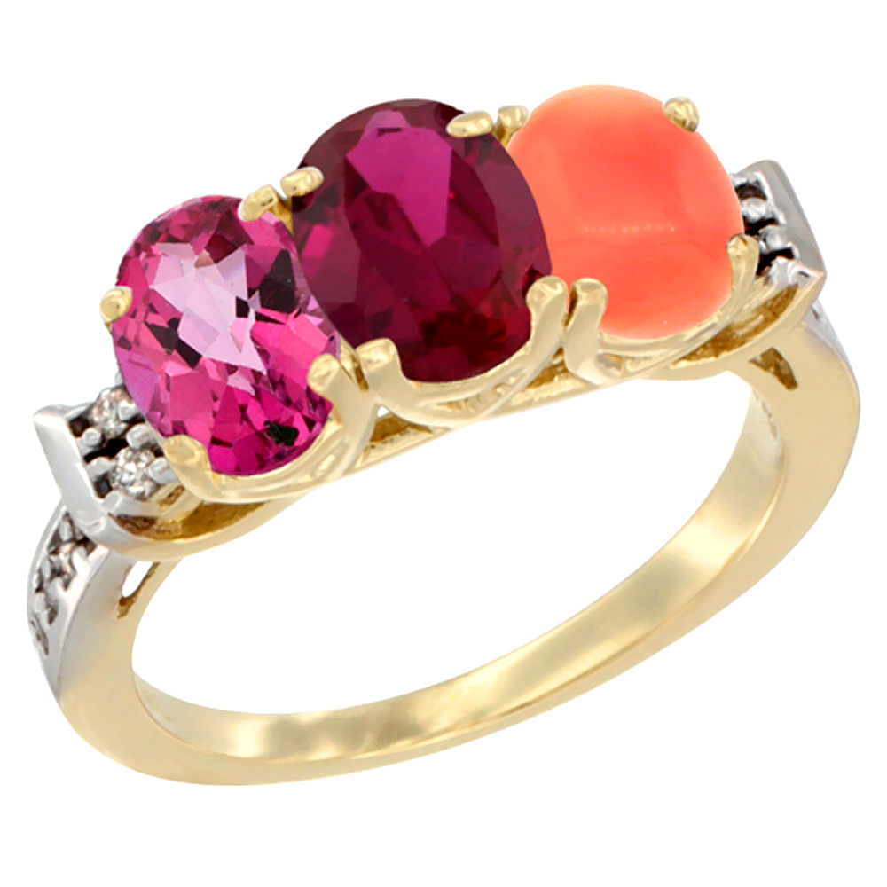 14K Yellow Gold Natural Pink Topaz, Enhanced Ruby &amp; Natural Coral Ring 3-Stone Oval 7x5 mm Diamond Accent, sizes 5 - 10