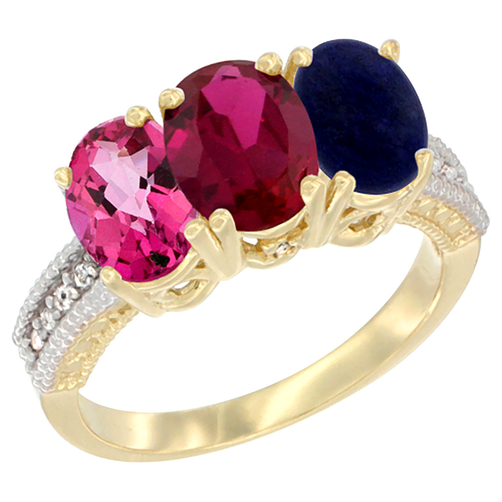 10K Yellow Gold Diamond Natural Pink Topaz, Enhanced Ruby & Lapis Ring 3-Stone 7x5 mm Oval, sizes 5 - 10