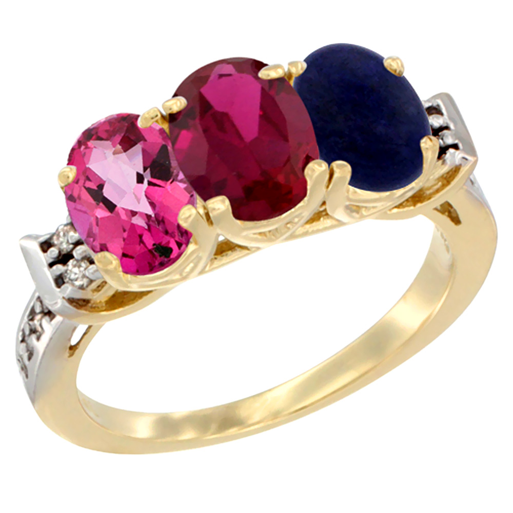 10K Yellow Gold Natural Pink Topaz, Enhanced Ruby & Natural Lapis Ring 3-Stone Oval 7x5 mm Diamond Accent, sizes 5 - 10