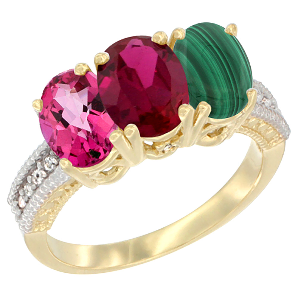 10K Yellow Gold Diamond Natural Pink Topaz, Enhanced Ruby & Malachite Ring 3-Stone 7x5 mm Oval, sizes 5 - 10