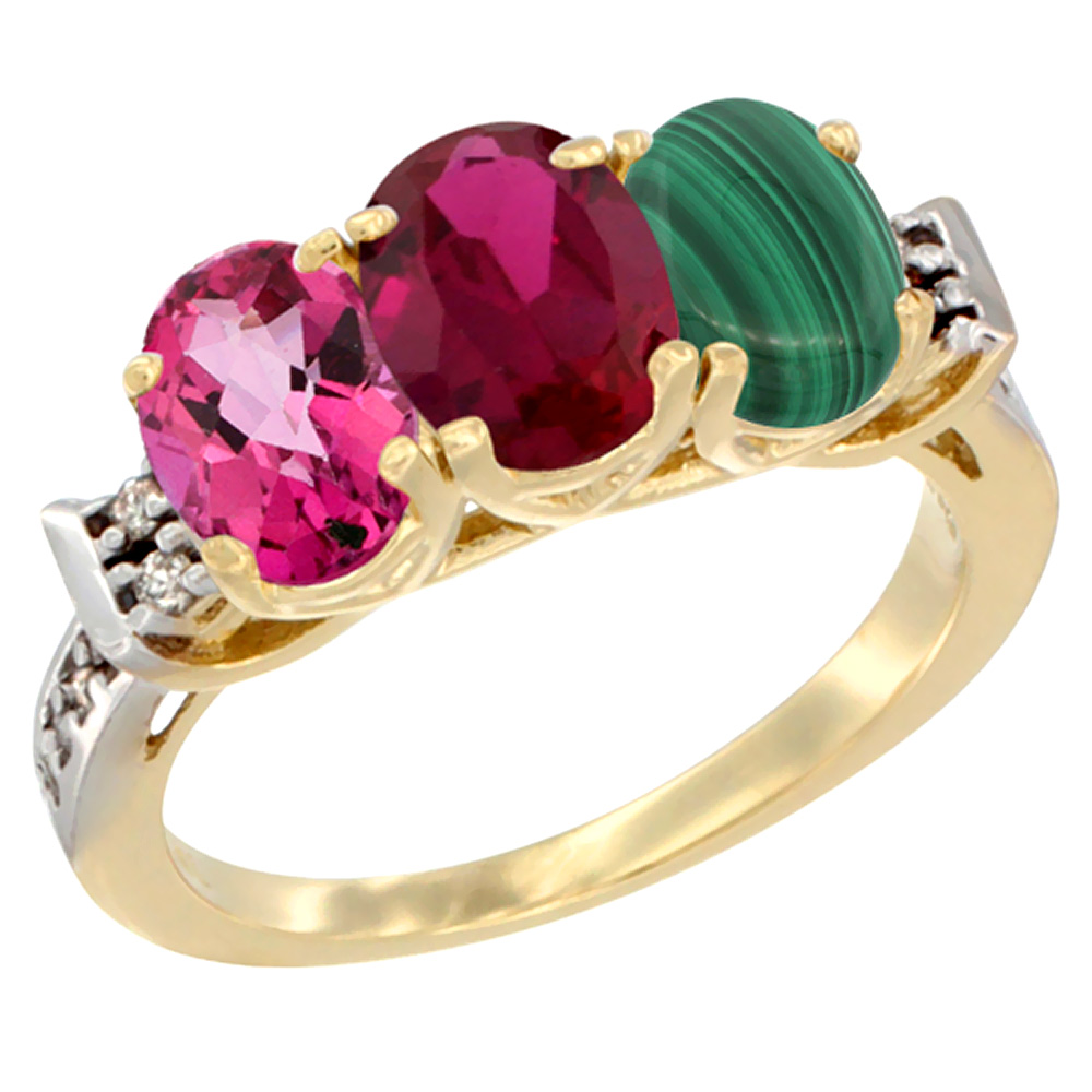 10K Yellow Gold Natural Pink Topaz, Enhanced Ruby &amp; Natural Malachite Ring 3-Stone Oval 7x5 mm Diamond Accent, sizes 5 - 10