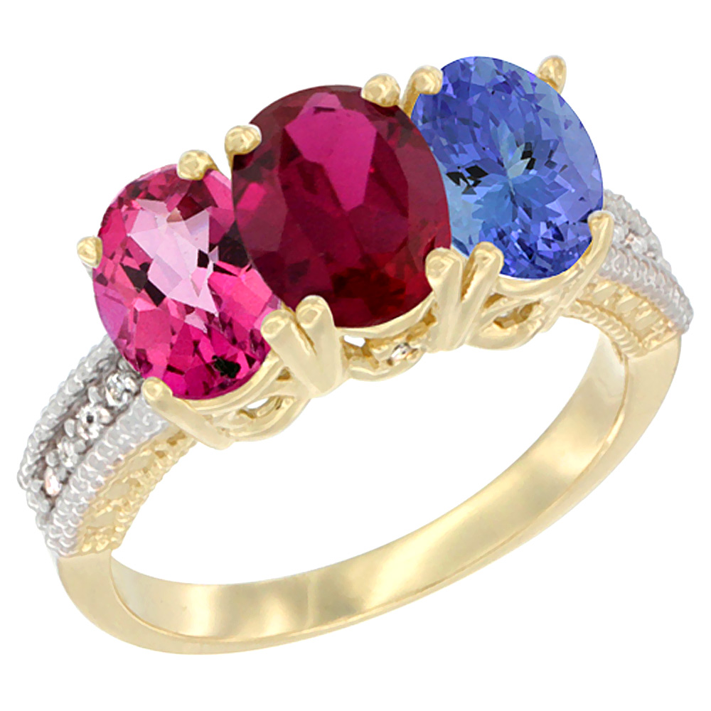 14K Yellow Gold Natural Pink Topaz, Enhanced Ruby &amp; Natural Tanzanite Ring 3-Stone 7x5 mm Oval Diamond Accent, sizes 5 - 10