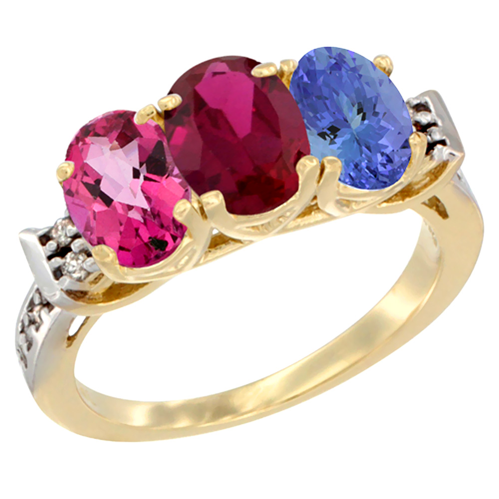 14K Yellow Gold Natural Pink Topaz, Enhanced Ruby & Natural Tanzanite Ring 3-Stone Oval 7x5 mm Diamond Accent, sizes 5 - 10
