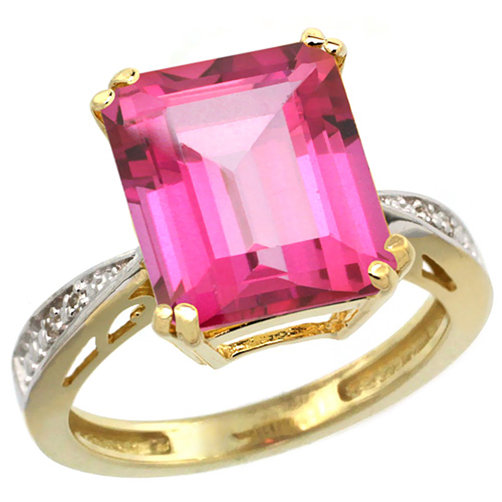 14K Yellow Gold Diamond Natural Pink Topaz Ring Emerald-cut 12x10mm, sizes 5-10