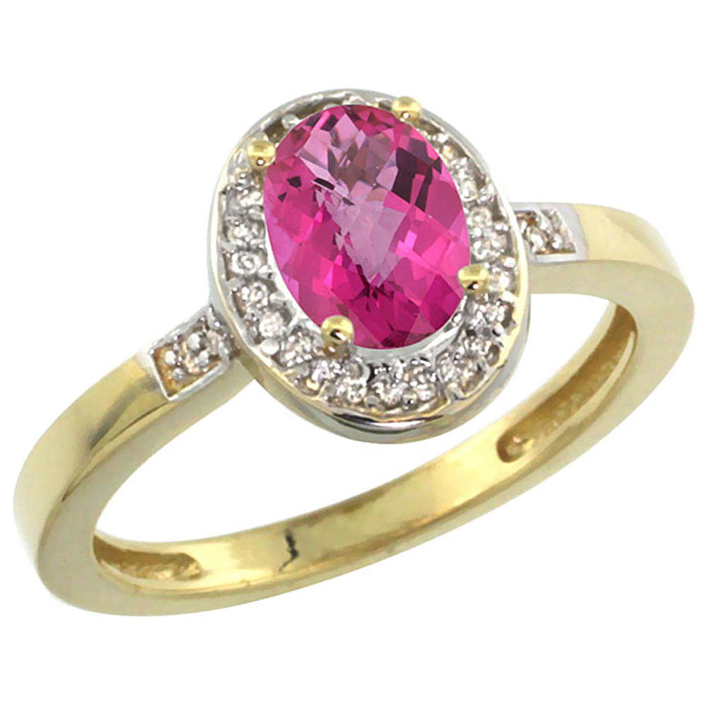 10K Yellow Gold Diamond Natural Pink Topaz Engagement Ring Oval 7x5mm, sizes 5-10