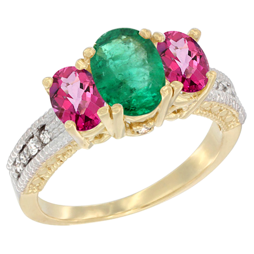 14K Yellow Gold Diamond Natural Quality Emerald 7x5mm &amp; 6x4mm Pink Topaz Oval 3-stone Mothers Ring,sz5-10