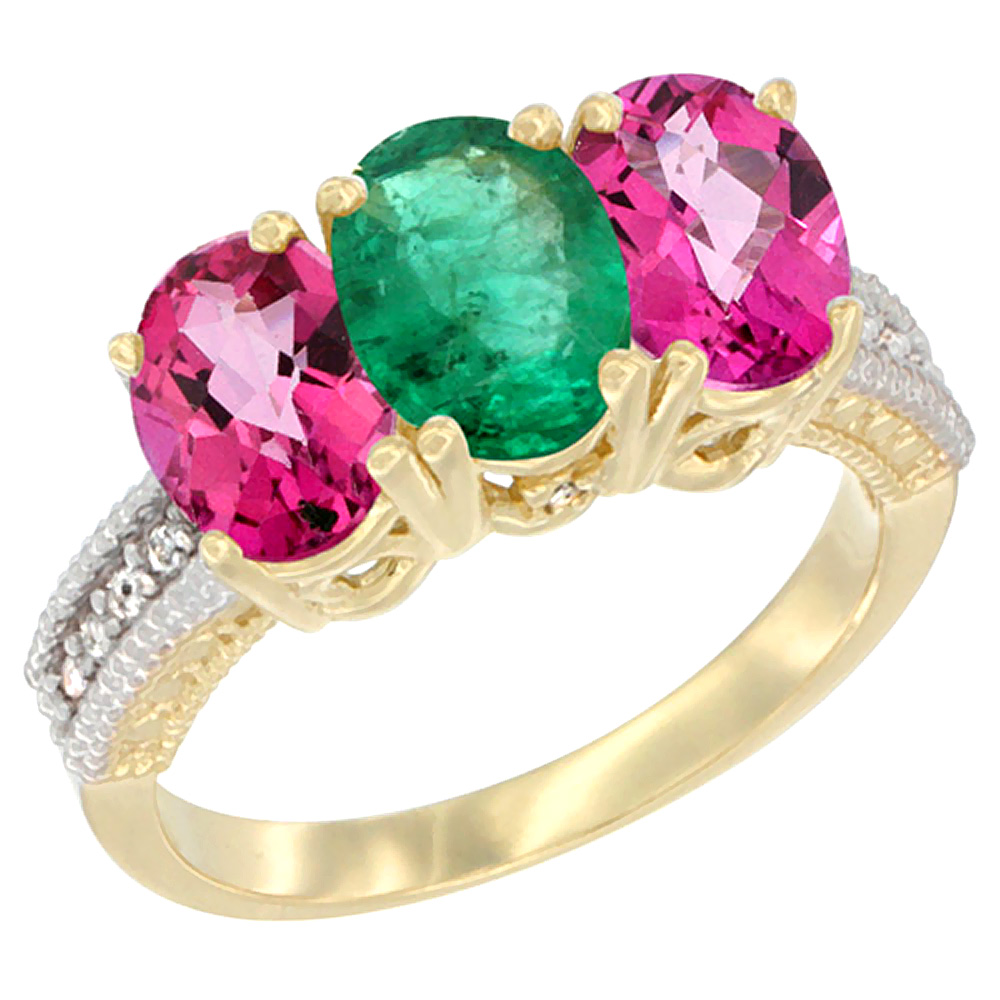 14K Yellow Gold Natural Emerald & Pink Topaz Ring 3-Stone 7x5 mm Oval Diamond Accent, sizes 5 - 10