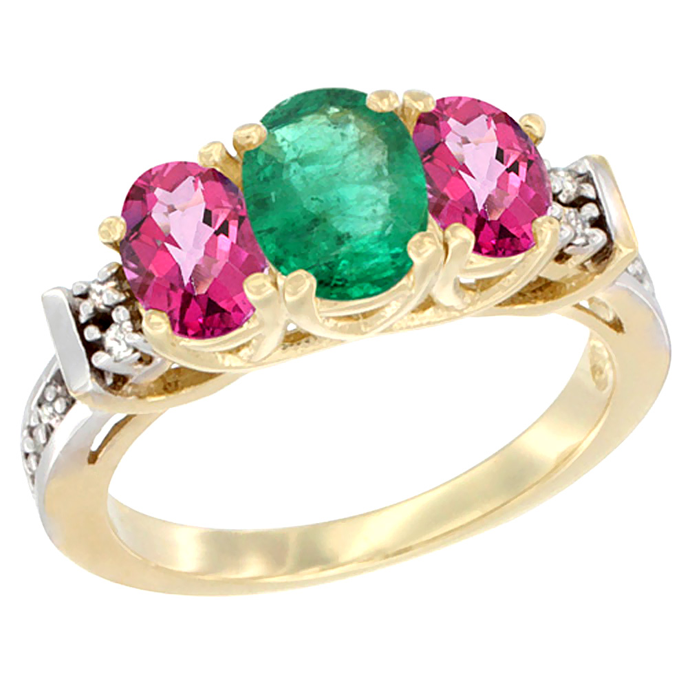 14K Yellow Gold Natural Emerald & Pink Topaz Ring 3-Stone Oval Diamond Accent