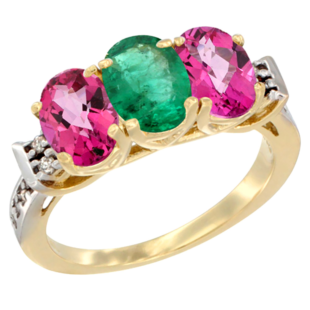 10K Yellow Gold Natural Emerald & Pink Topaz Sides Ring 3-Stone Oval 7x5 mm Diamond Accent, sizes 5 - 10