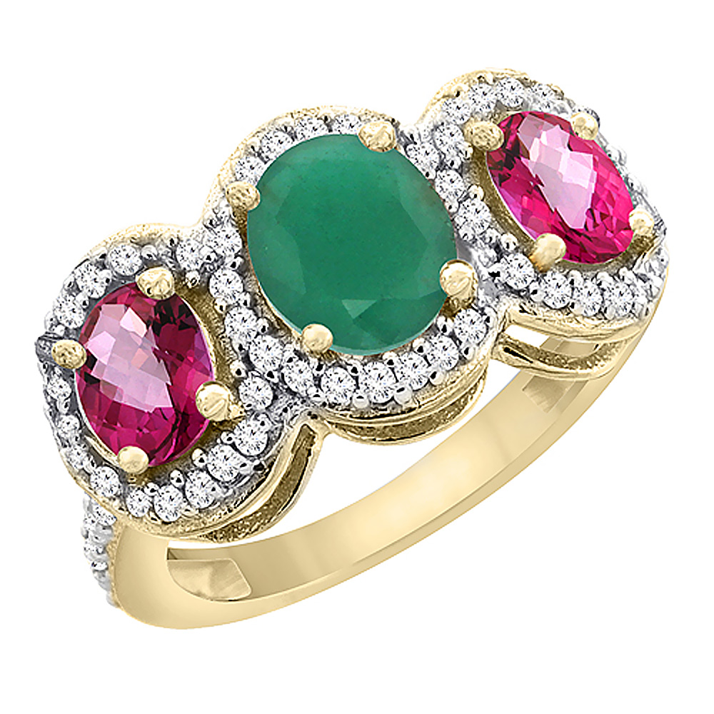10K Yellow Gold Natural Cabochon Emerald & Pink Topaz 3-Stone Ring Oval Diamond Accent, sizes 5 - 10