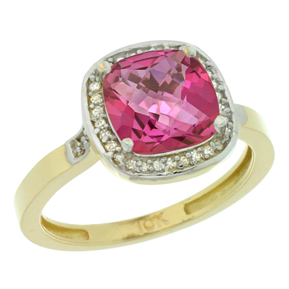 10K Yellow Gold Diamond Natural Pink Topaz Ring Cushion-cut 8x8mm, sizes 5-10