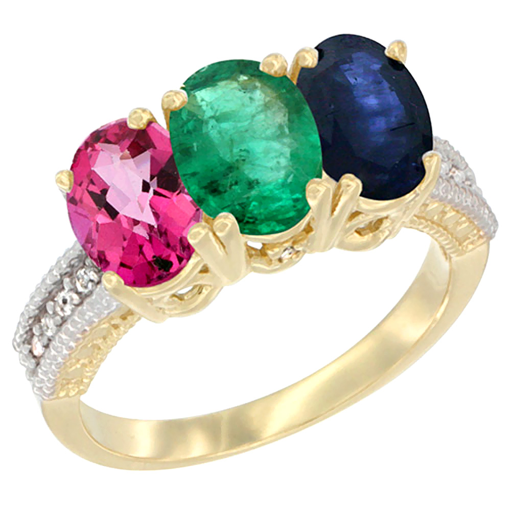 10K Yellow Gold Diamond Natural Pink Topaz, Emerald & Blue Sapphire Ring 3-Stone 7x5 mm Oval, sizes 5 - 10