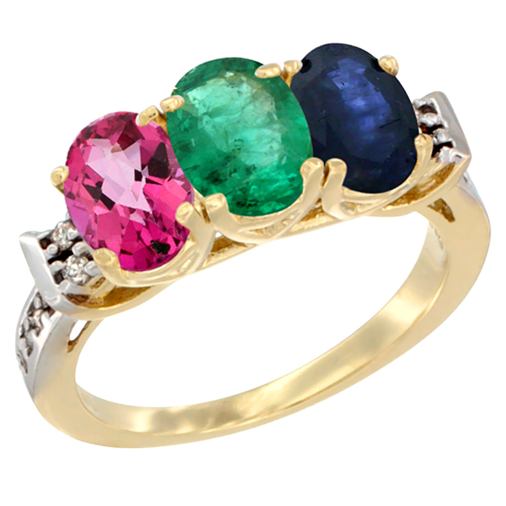 10K Yellow Gold Natural Pink Topaz, Emerald &amp; Blue Sapphire Ring 3-Stone Oval 7x5 mm Diamond Accent, sizes 5 - 10