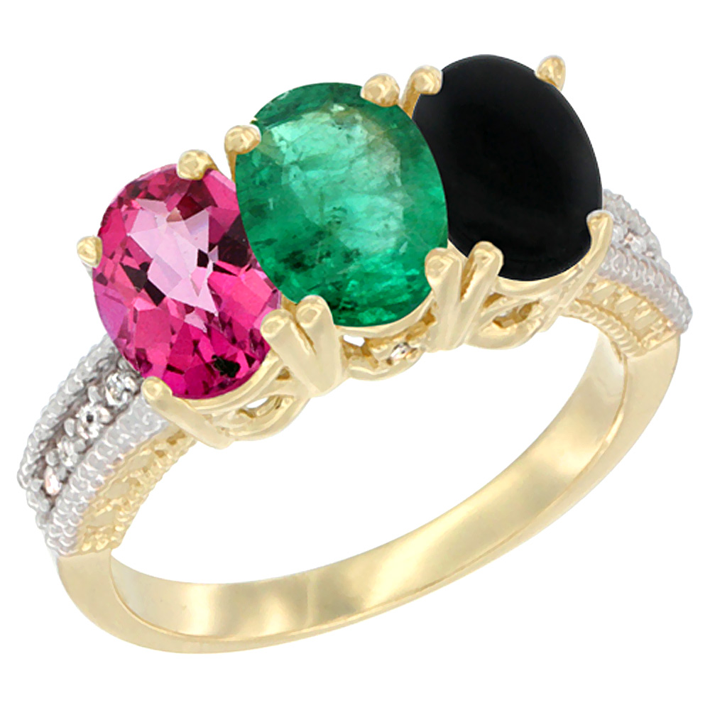 14K Yellow Gold Natural Pink Topaz, Emerald & Black Onyx Ring 3-Stone 7x5 mm Oval Diamond Accent, sizes 5 - 10