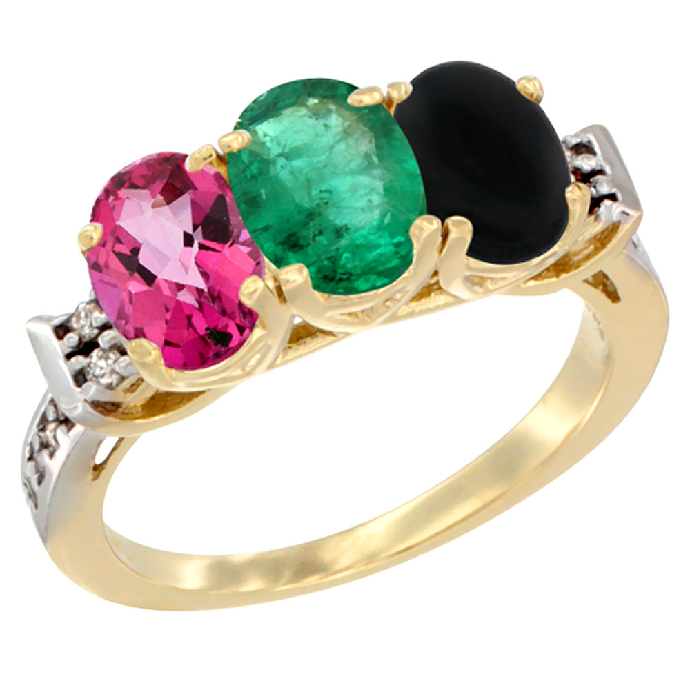 10K Yellow Gold Natural Pink Topaz, Emerald & Black Onyx Ring 3-Stone Oval 7x5 mm Diamond Accent, sizes 5 - 10