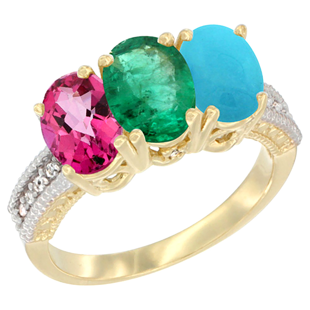 10K Yellow Gold Diamond Natural Pink Topaz, Emerald & Turquoise Ring 3-Stone 7x5 mm Oval, sizes 5 - 10