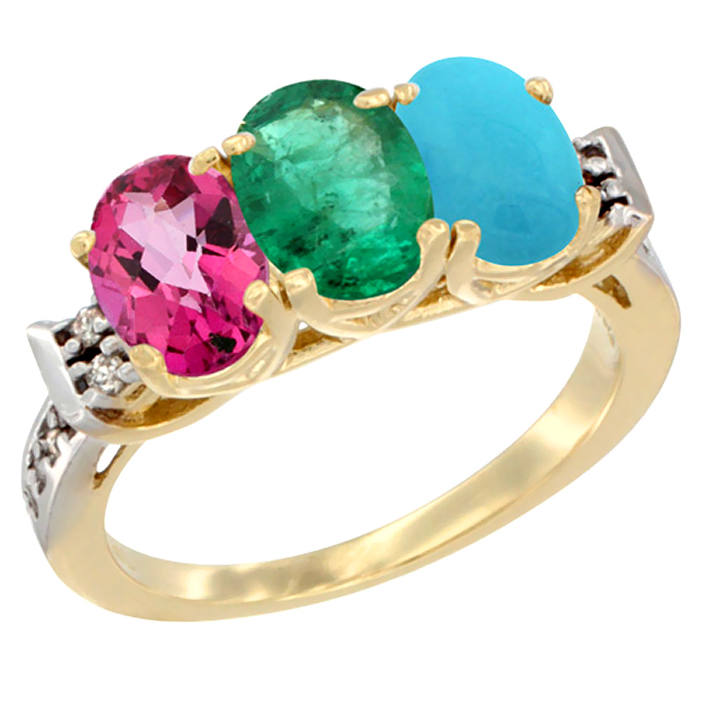 10K Yellow Gold Natural Pink Topaz, Emerald & Turquoise Ring 3-Stone Oval 7x5 mm Diamond Accent, sizes 5 - 10