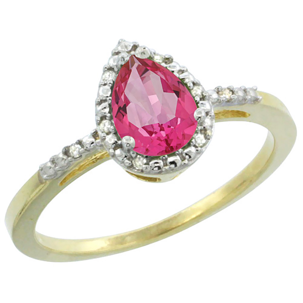 14K Yellow Gold Diamond Natural Pink Topaz Ring Pear 7x5mm, sizes 5-10