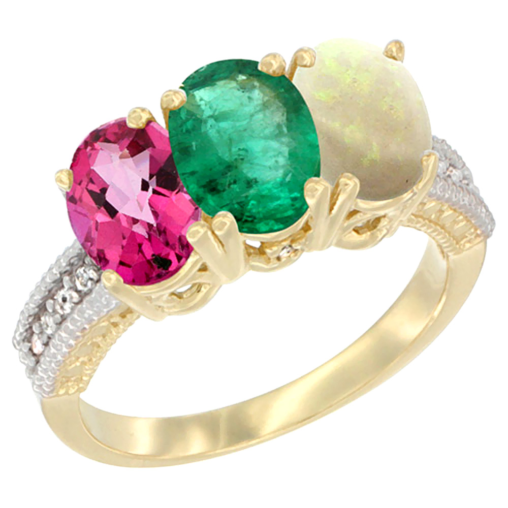 10K Yellow Gold Diamond Natural Pink Topaz, Emerald &amp; Opal Ring 3-Stone 7x5 mm Oval, sizes 5 - 10