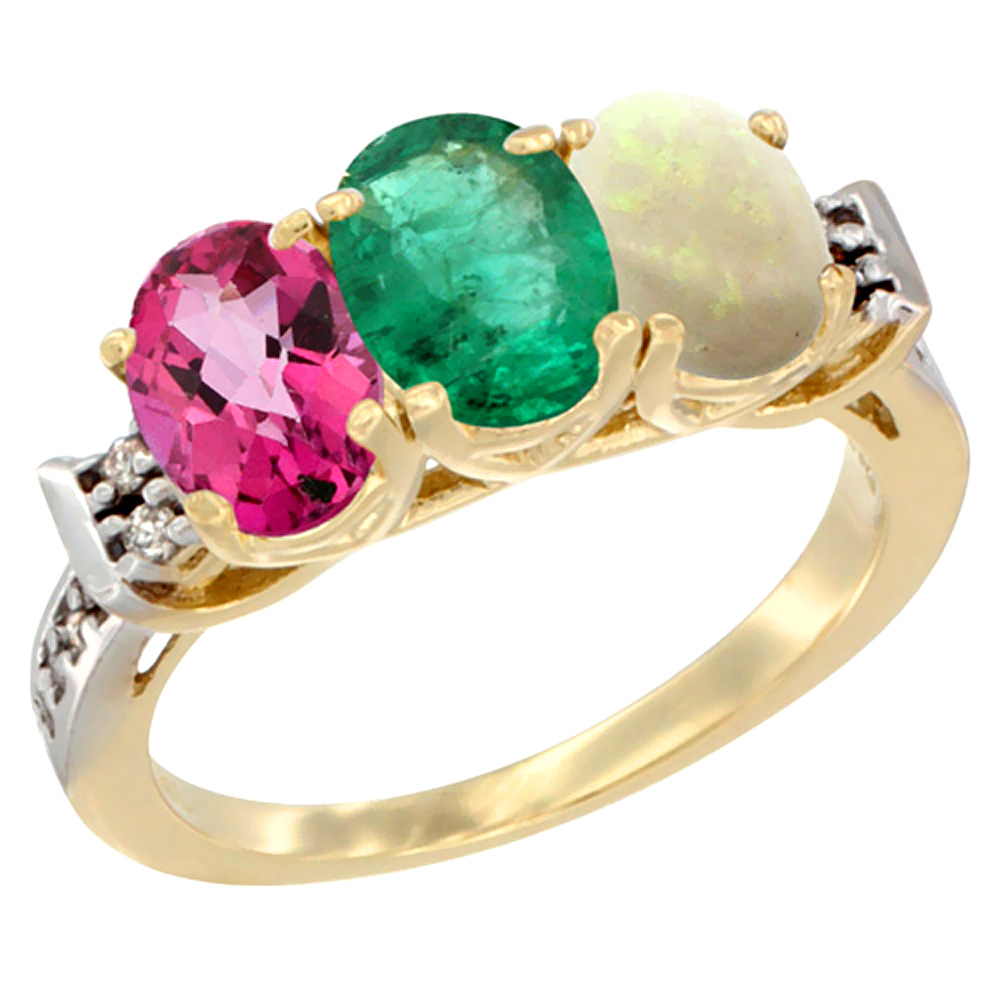 10K Yellow Gold Natural Pink Topaz, Emerald &amp; Opal Ring 3-Stone Oval 7x5 mm Diamond Accent, sizes 5 - 10
