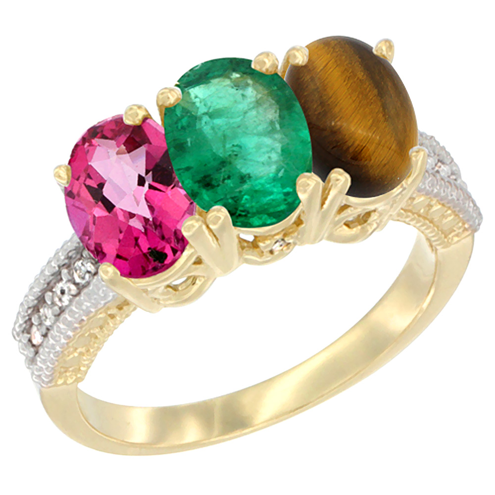 10K Yellow Gold Diamond Natural Pink Topaz, Emerald & Tiger Eye Ring 3-Stone 7x5 mm Oval, sizes 5 - 10
