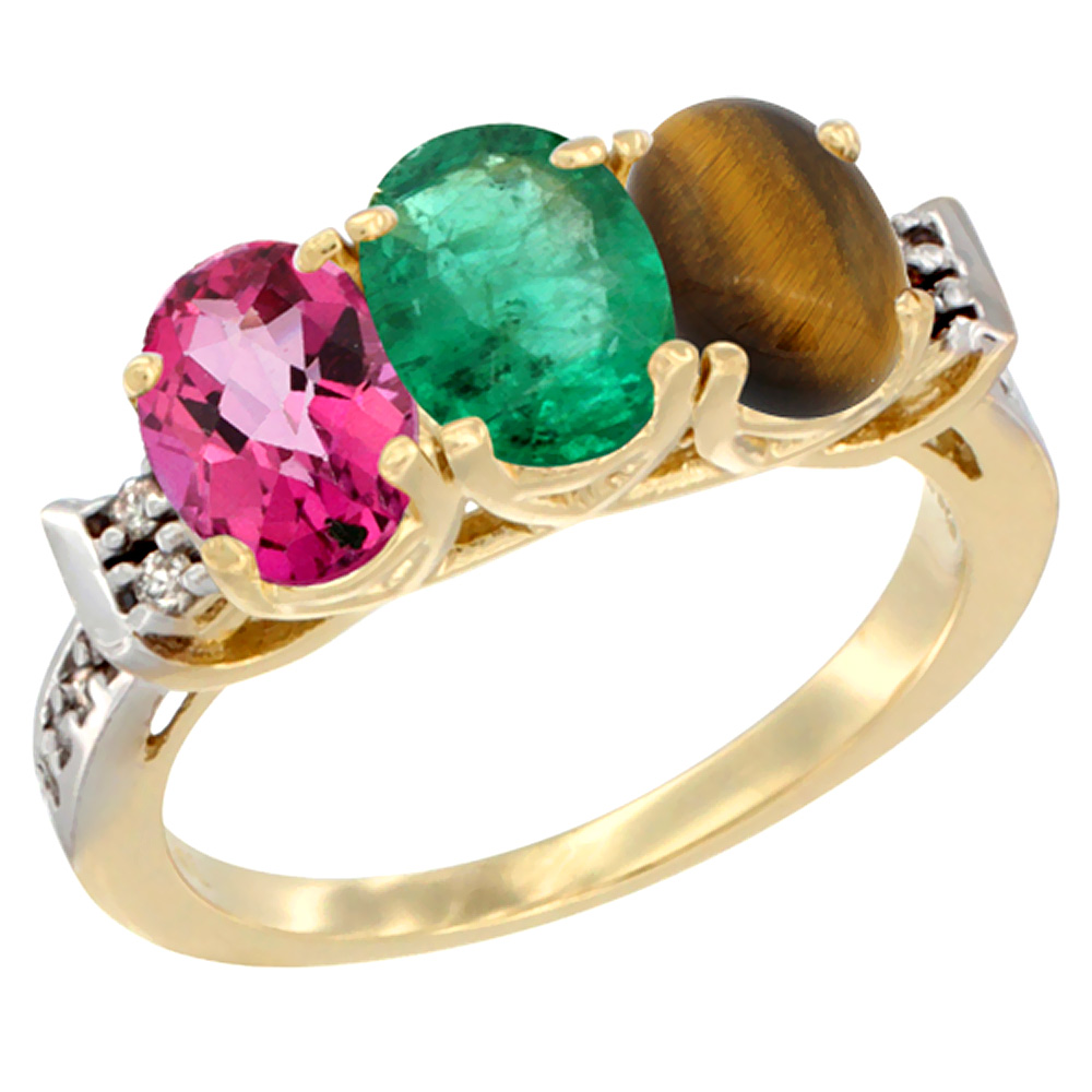 10K Yellow Gold Natural Pink Topaz, Emerald &amp; Tiger Eye Ring 3-Stone Oval 7x5 mm Diamond Accent, sizes 5 - 10