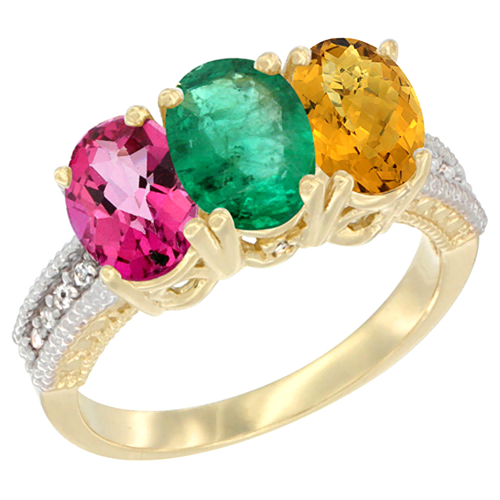 10K Yellow Gold Diamond Natural Pink Topaz, Emerald &amp; Whisky Quartz Ring 3-Stone 7x5 mm Oval, sizes 5 - 10