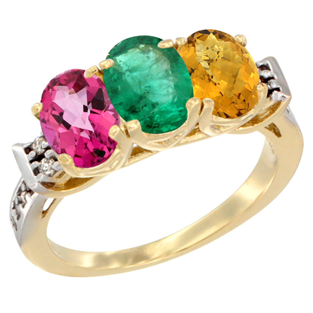 10K Yellow Gold Natural Pink Topaz, Emerald & Whisky Quartz Ring 3-Stone Oval 7x5 mm Diamond Accent, sizes 5 - 10
