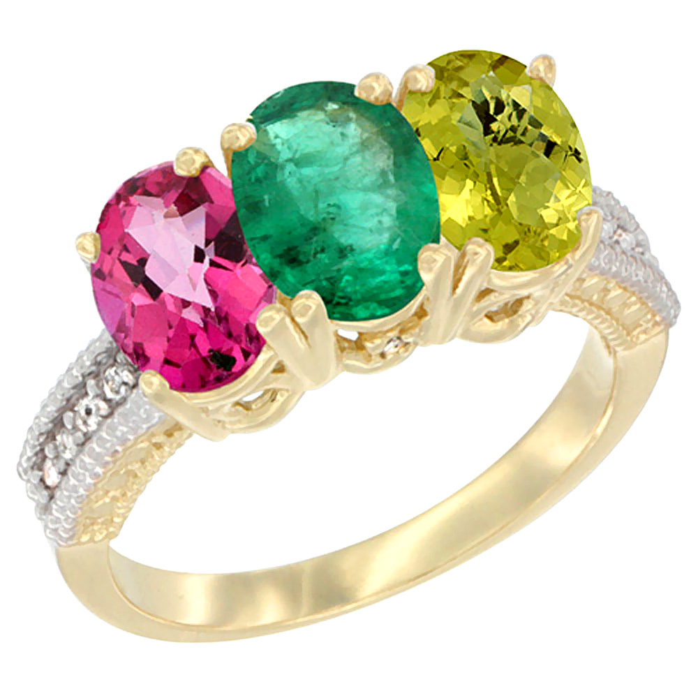 14K Yellow Gold Natural Pink Topaz, Emerald &amp; Lemon Quartz Ring 3-Stone 7x5 mm Oval Diamond Accent, sizes 5 - 10
