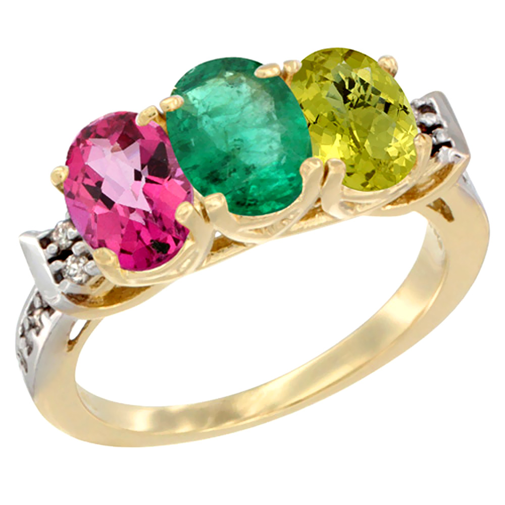 10K Yellow Gold Natural Pink Topaz, Emerald & Lemon Quartz Ring 3-Stone Oval 7x5 mm Diamond Accent, sizes 5 - 10