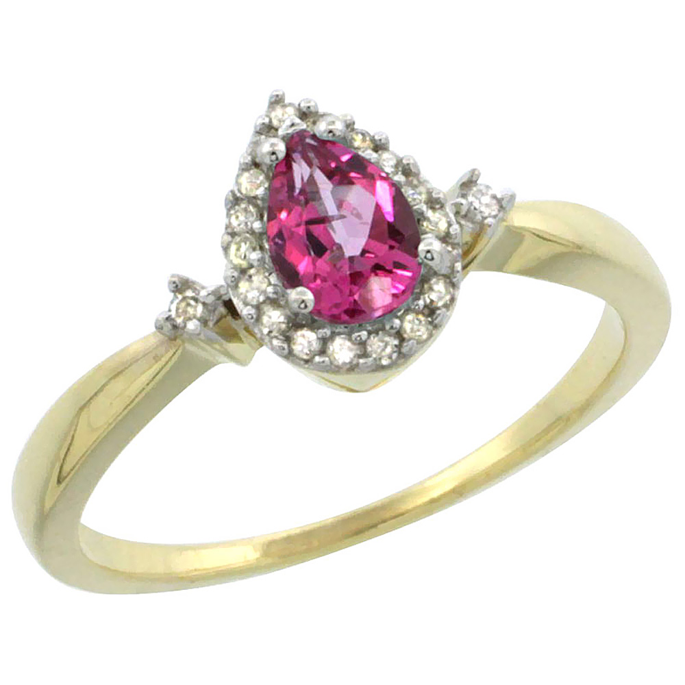 10K Yellow Gold Diamond Natural Pink Topaz Ring Pear 6x4mm, sizes 5-10