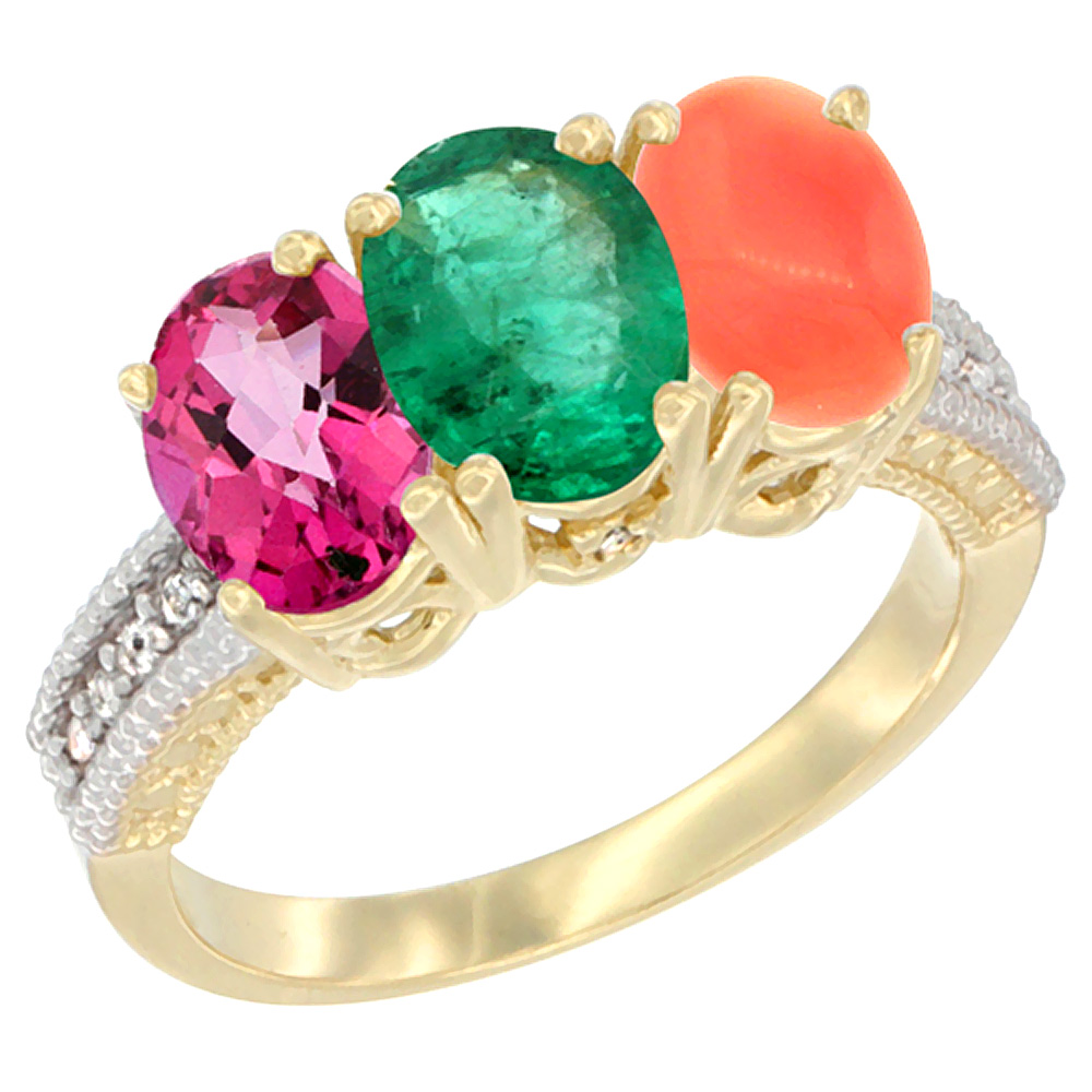 14K Yellow Gold Natural Pink Topaz, Emerald & Coral Ring 3-Stone 7x5 mm Oval Diamond Accent, sizes 5 - 10