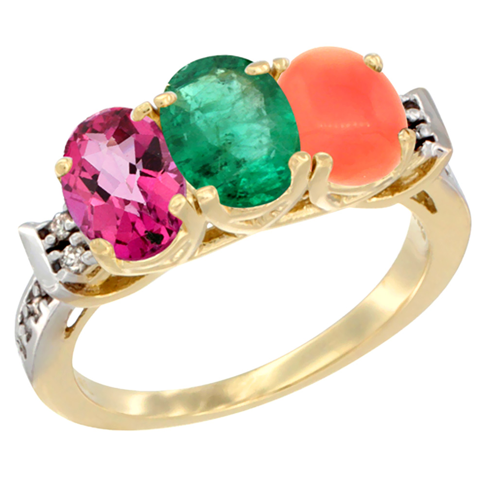 10K Yellow Gold Natural Pink Topaz, Emerald & Coral Ring 3-Stone Oval 7x5 mm Diamond Accent, sizes 5 - 10