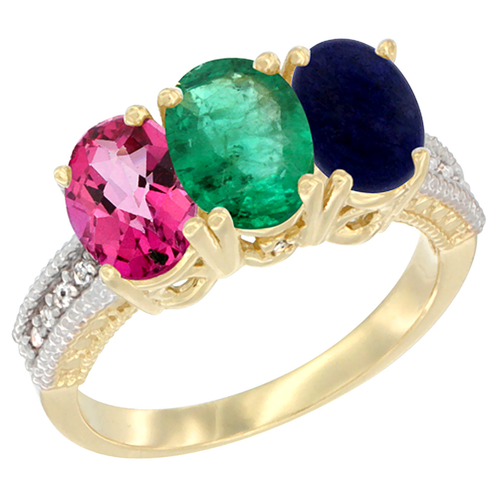 10K Yellow Gold Diamond Natural Pink Topaz, Emerald & Lapis Ring 3-Stone 7x5 mm Oval, sizes 5 - 10