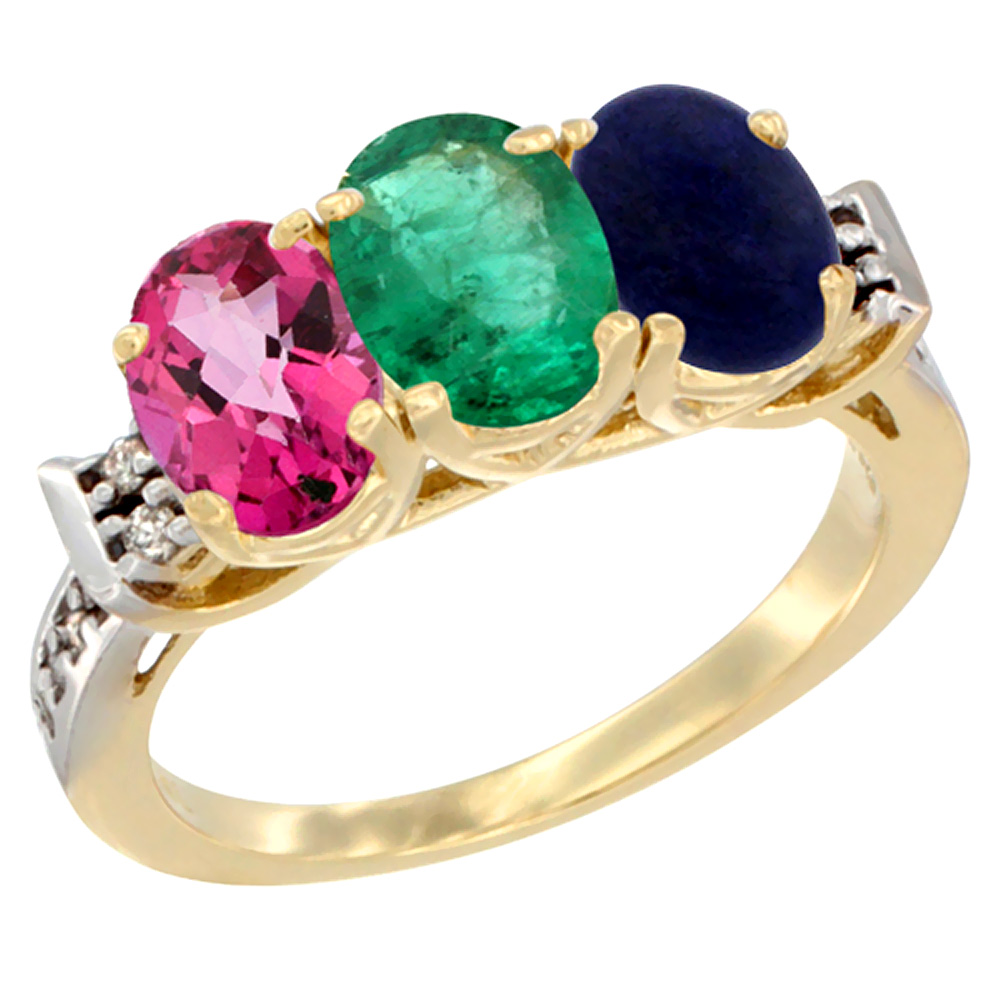 10K Yellow Gold Natural Pink Topaz, Emerald & Lapis Ring 3-Stone Oval 7x5 mm Diamond Accent, sizes 5 - 10