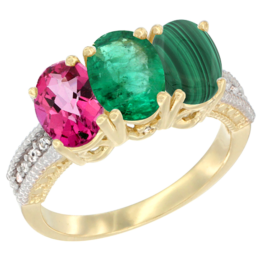 10K Yellow Gold Diamond Natural Pink Topaz, Emerald & Malachite Ring 3-Stone 7x5 mm Oval, sizes 5 - 10