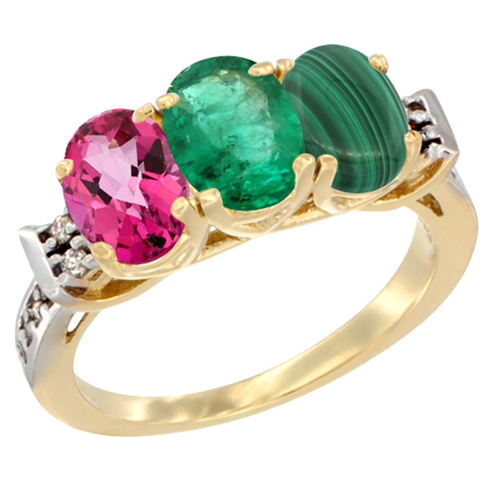 10K Yellow Gold Natural Pink Topaz, Emerald & Malachite Ring 3-Stone Oval 7x5 mm Diamond Accent, sizes 5 - 10