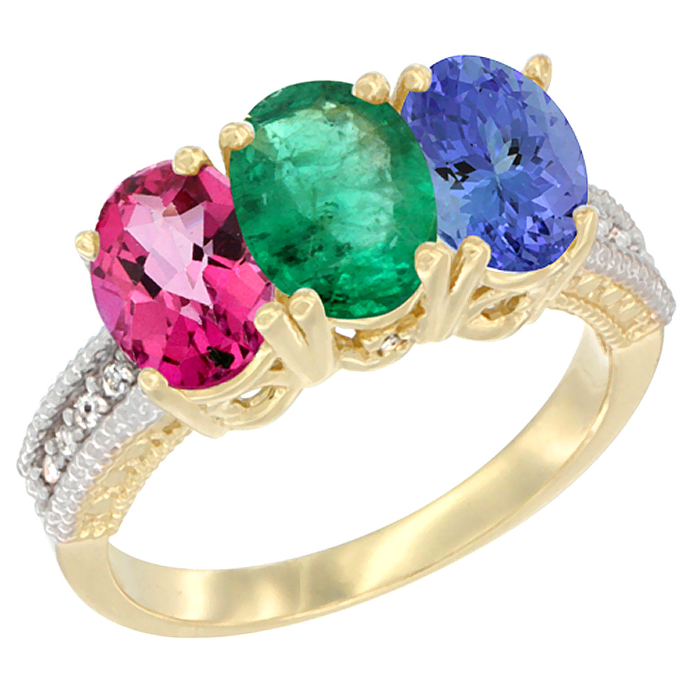 14K Yellow Gold Natural Pink Topaz, Emerald & Tanzanite Ring 3-Stone 7x5 mm Oval Diamond Accent, sizes 5 - 10