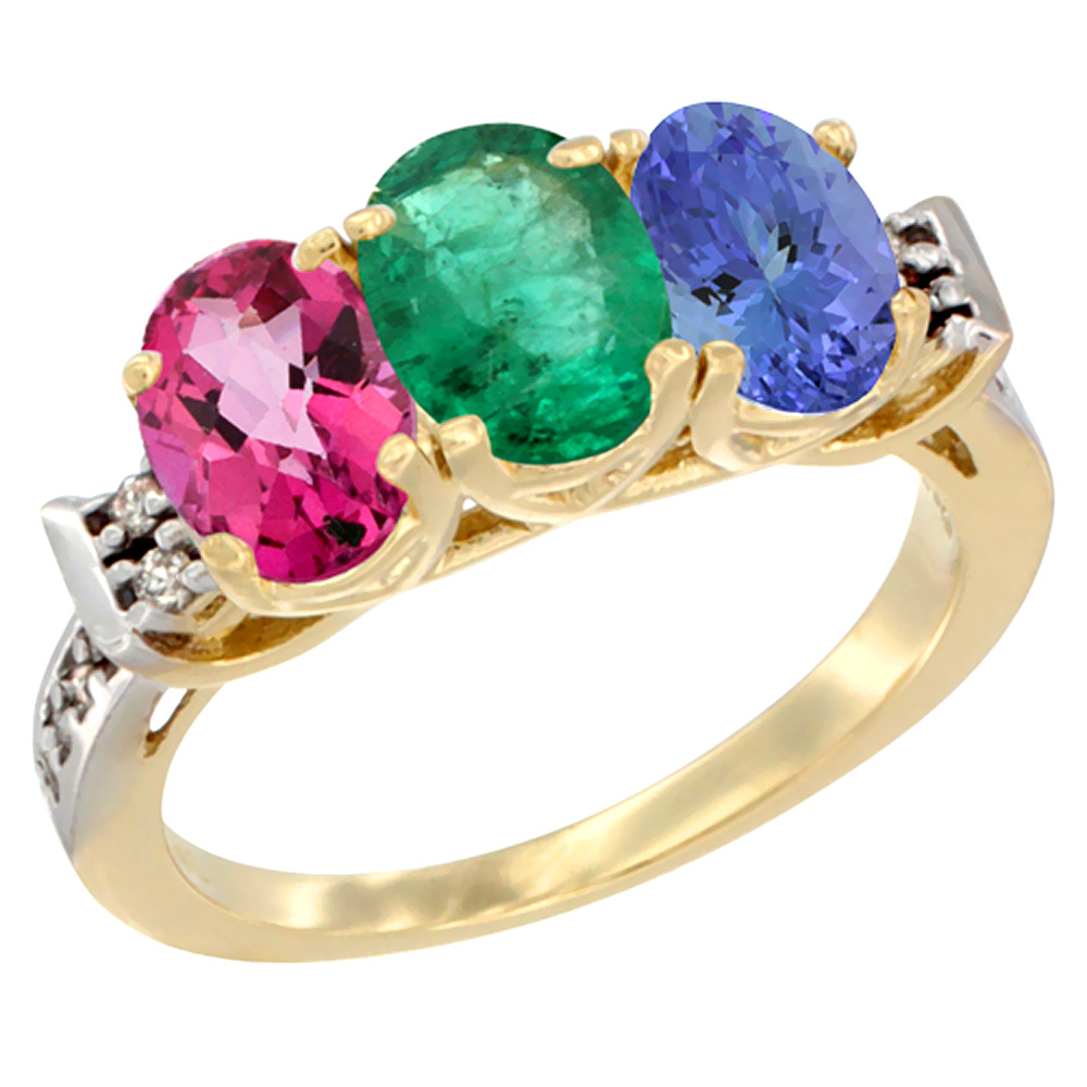 10K Yellow Gold Natural Pink Topaz, Emerald &amp; Tanzanite Ring 3-Stone Oval 7x5 mm Diamond Accent, sizes 5 - 10