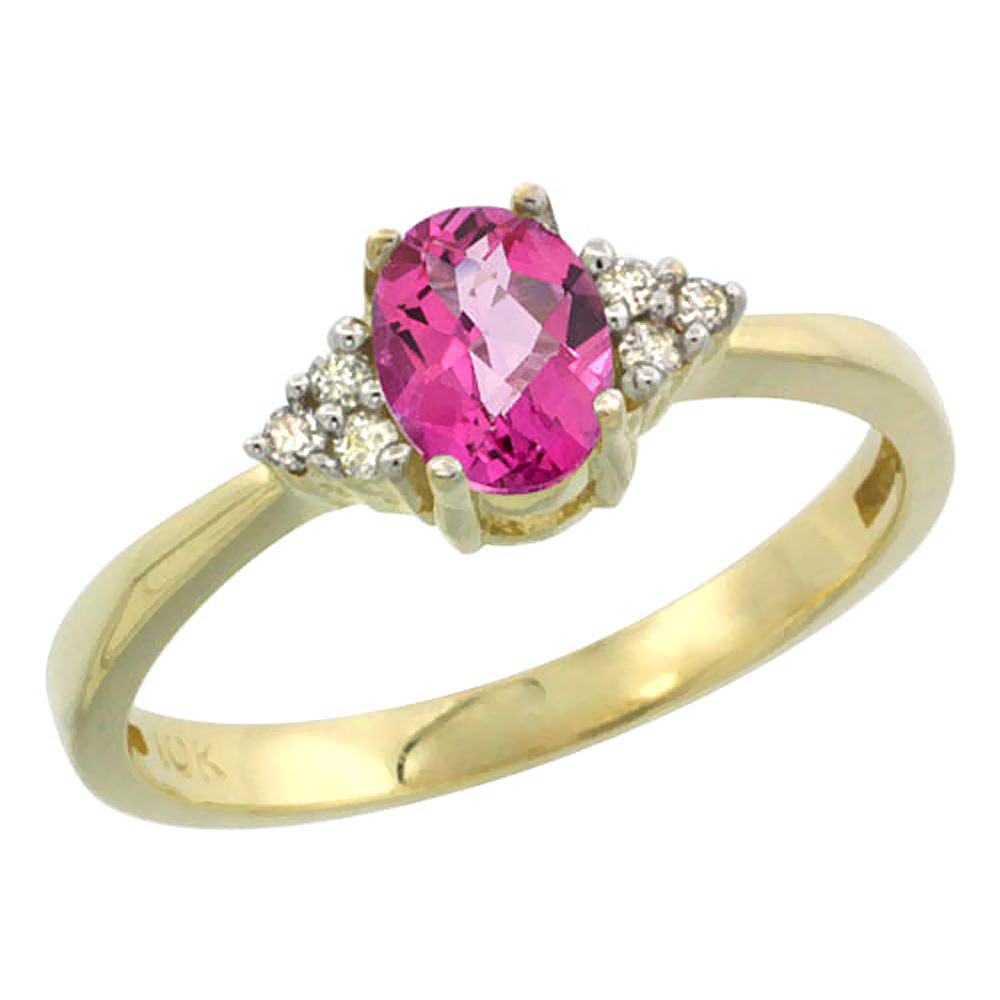10K Yellow Gold Natural Pink Topaz Ring Oval 6x4mm Diamond Accent, sizes 5-10