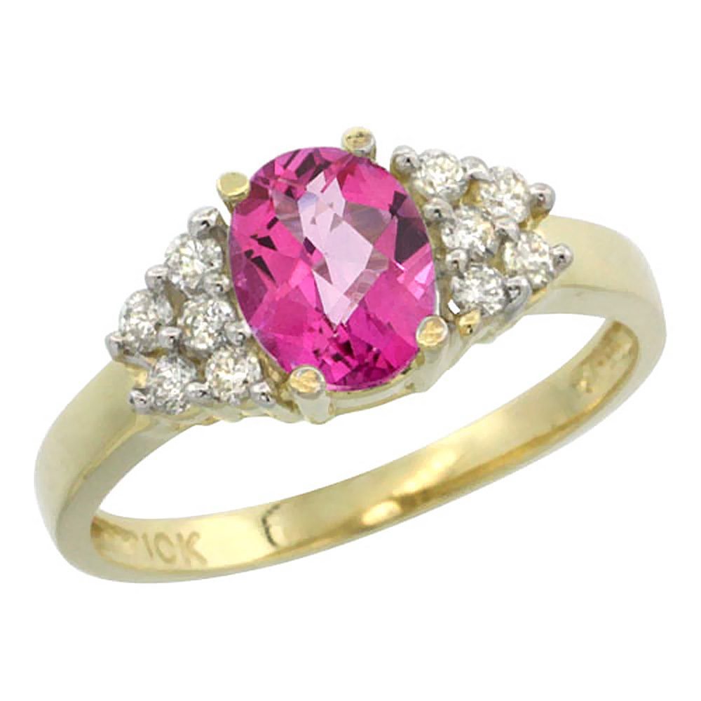10K Yellow Gold Natural Pink Topaz Ring Oval 8x6mm Diamond Accent, sizes 5-10